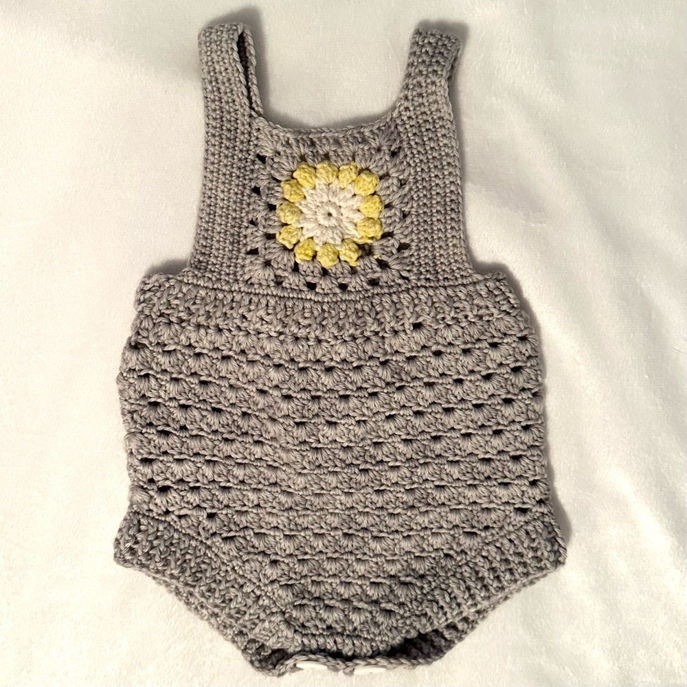 Marlo & Mimi Handmade Crocheted Romper Overalls Boutique Gray Yellow Baby NB